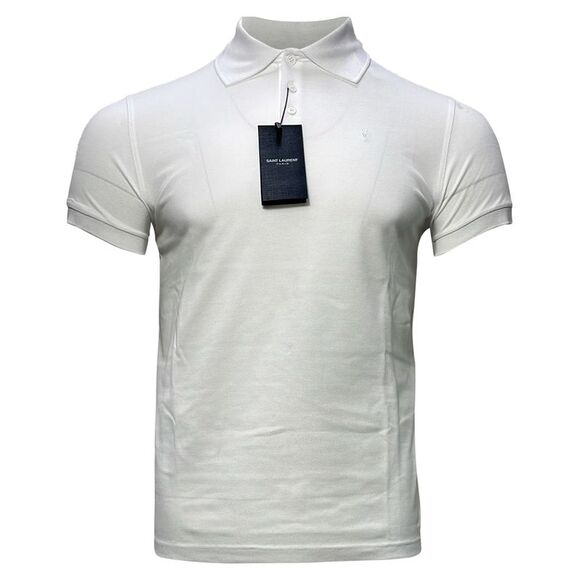 Saint Laurent Embroidered-Logo Polo Shirt in White Cotton